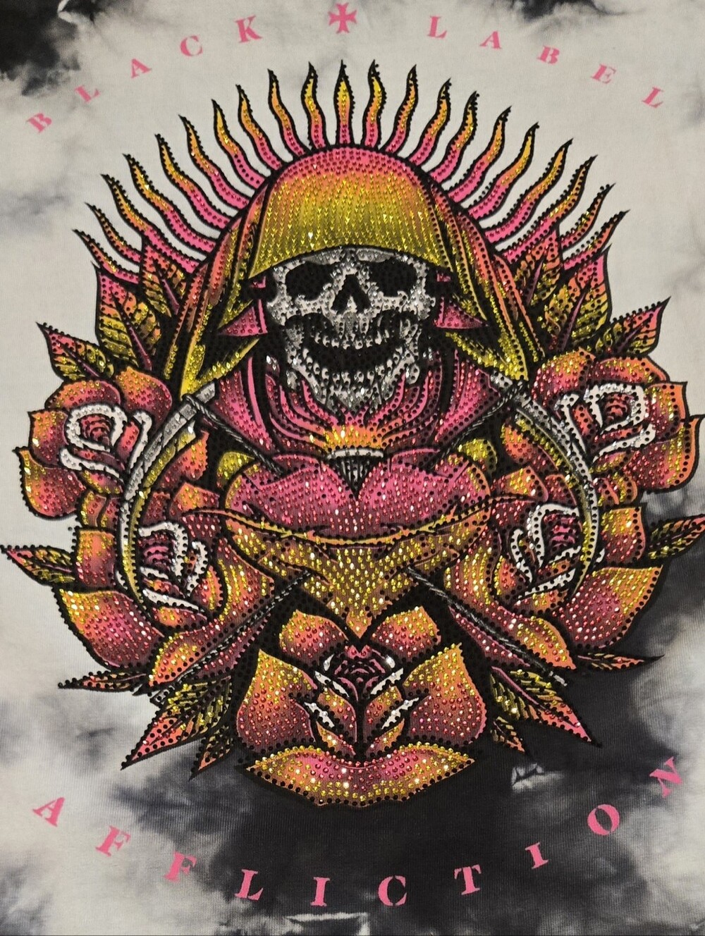 Affliction Short Sleeve Tee Pink, Gold and Black Skull Floral Graphic